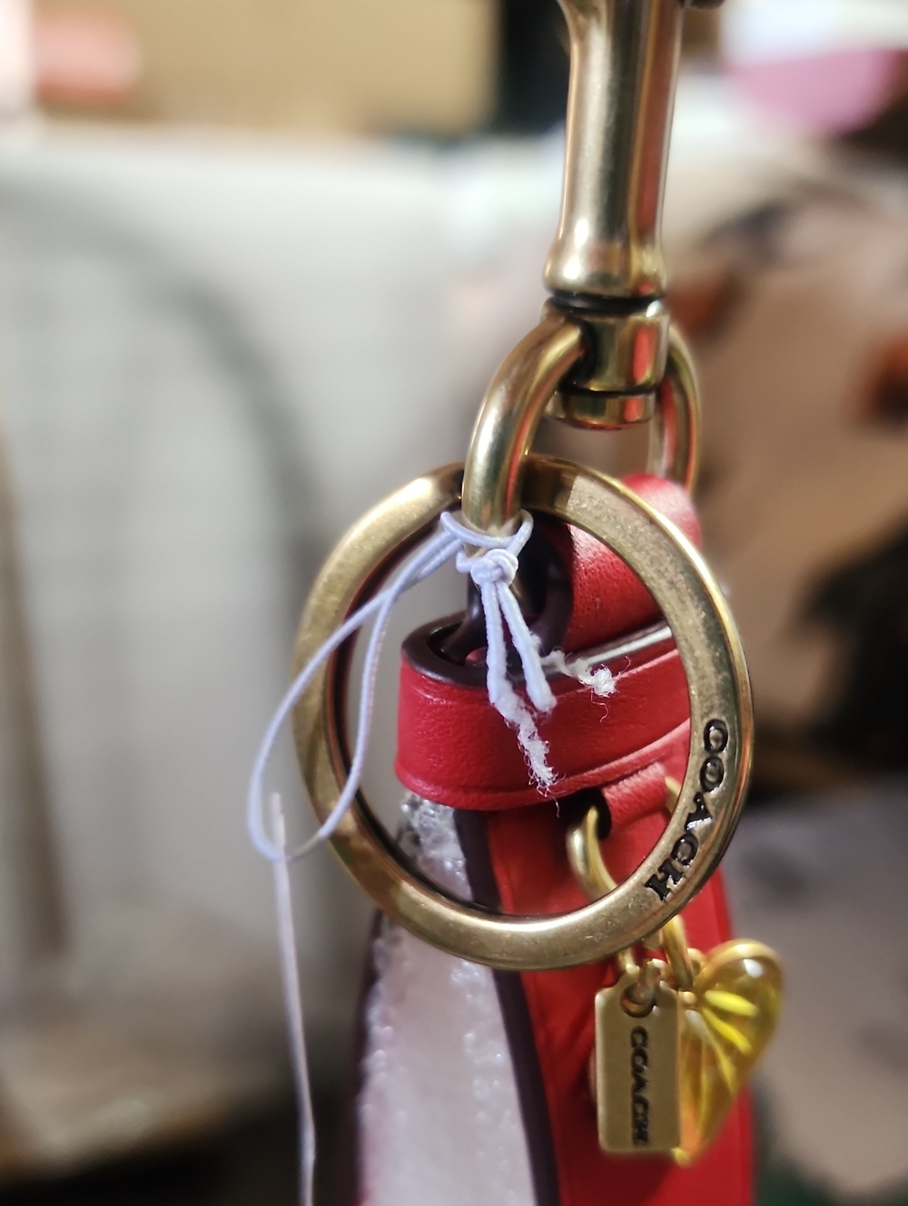 Coach Candy Red Leather Strap Keychain with Yellow Heart Charm & Dog Clip Nwt - Picture 2 of 9